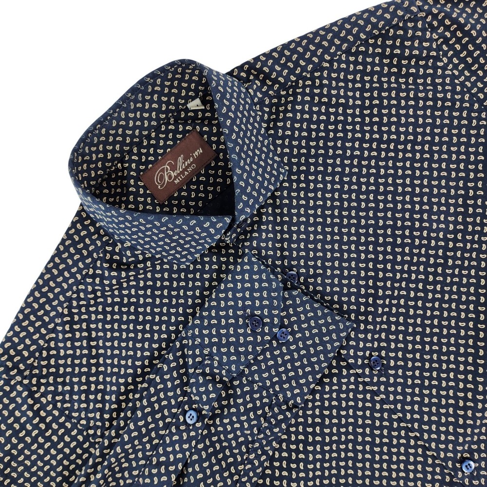 Bellini Milano Shirt Mens Medium Navy Blue Paisley Cotton Blend Made in Italy